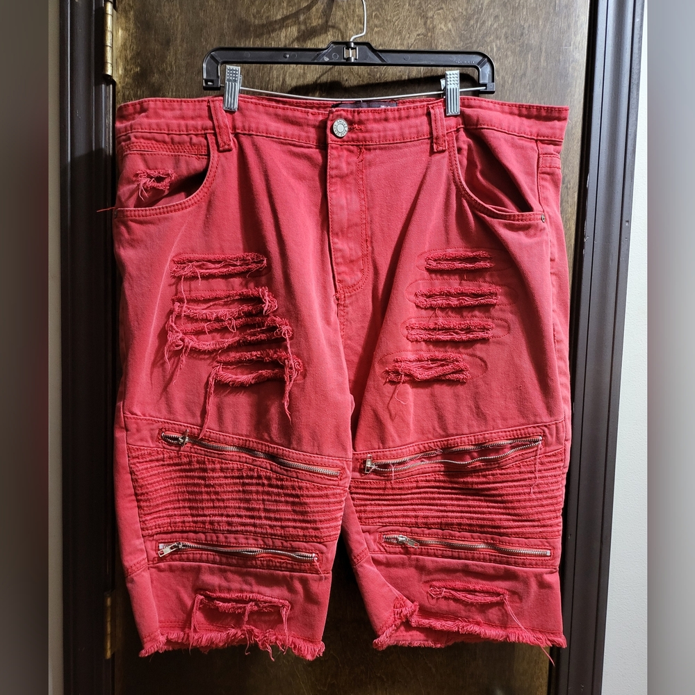Red Distressed Jean Shorts